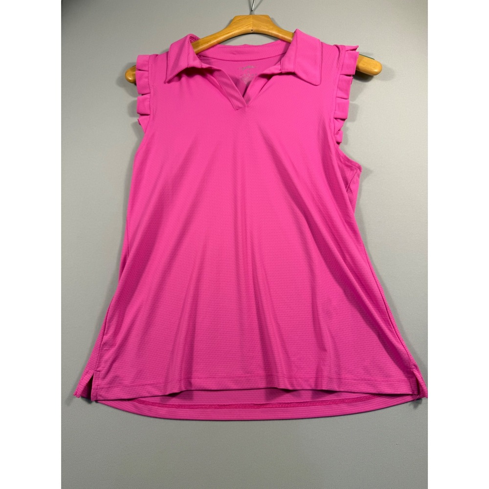 Gottex Womens Pink Ruffle Sleeveless Golf Polo Top V-Neck Textured Active Medium